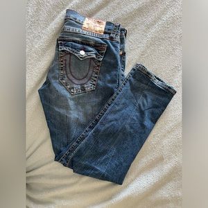 True Religion Geno Big T Flap Relaxed Slim Dark Roper Wash Jeans (Size 34)